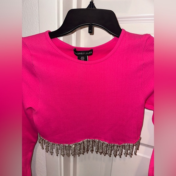 top Sexy hot pink diamond rhinestone dazzling crop blouse size small - Picture 2 of 4